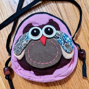 Small owl bag / pouch. Long strap fabric purse.